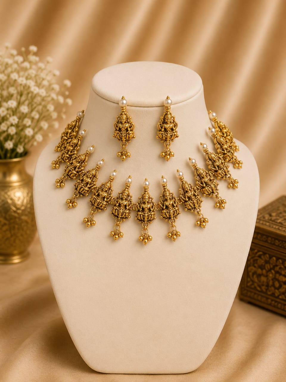Antique Gold Nakshi Lakshmi Temple Fringe Choker Necklace Set | LV 1401