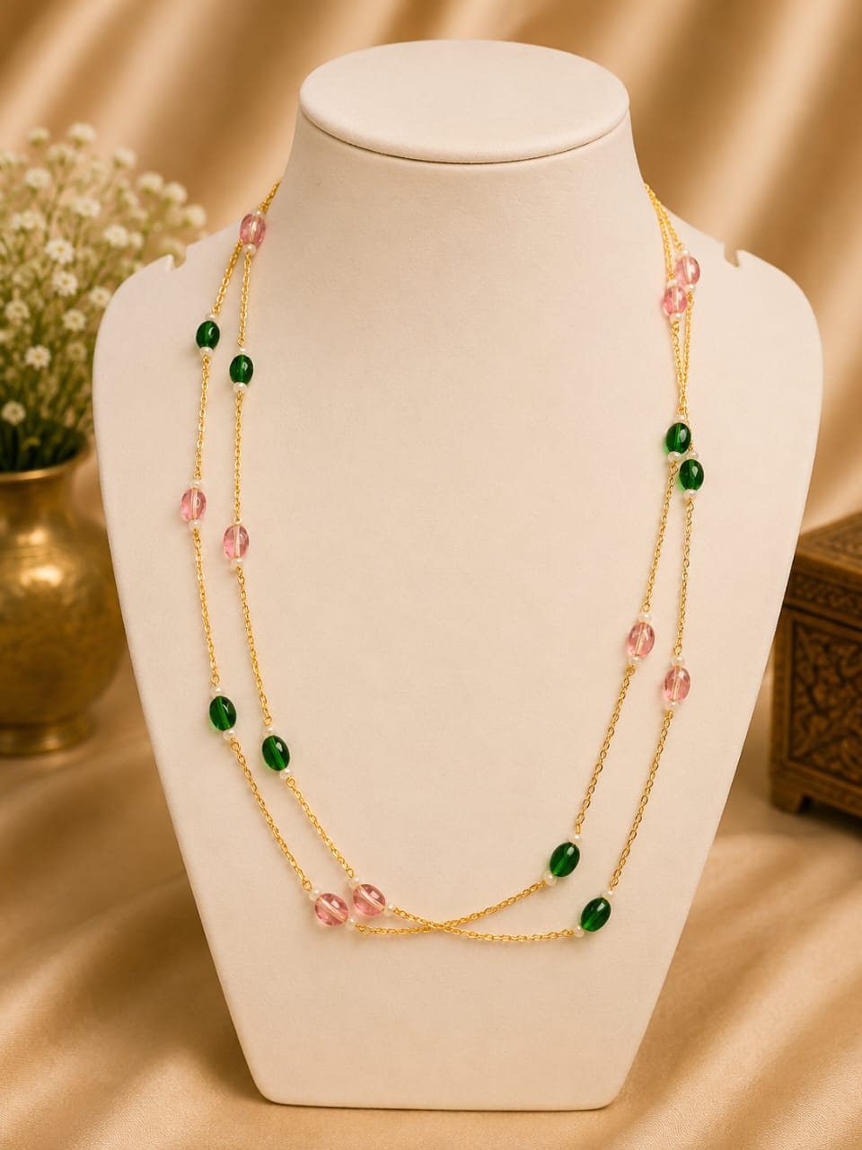 Gold Double Strand Emerald Green & Pink Crystal Bead Station Necklace | LV 1419