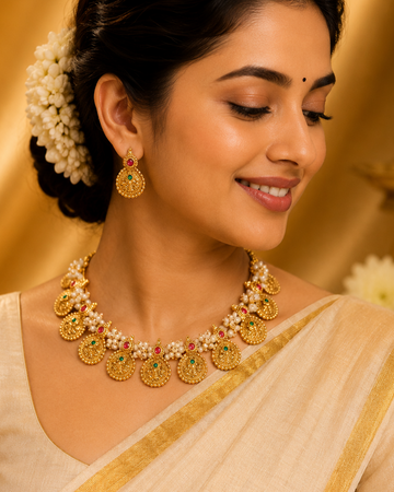 Antique Gold Lakshmi Coin Necklace Set with Pearl Clusters | OL162