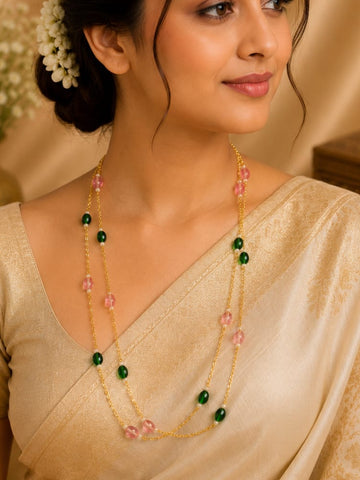 Gold Double Strand Emerald Green & Pink Crystal Bead Station Necklace | LV 1419
