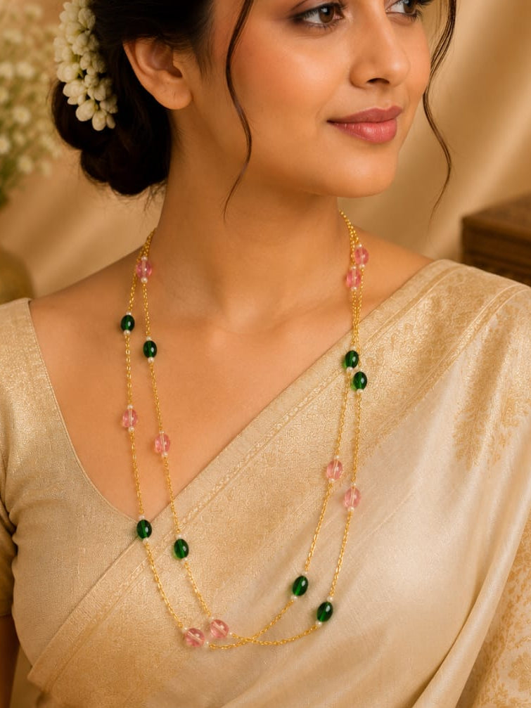Gold Double Strand Emerald Green & Pink Crystal Bead Station Necklace | LV 1419