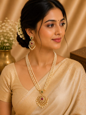 Gold Polki CZ Ruby Kemp Triple Strand Pearl Long Haram Necklace Set | LV 1414