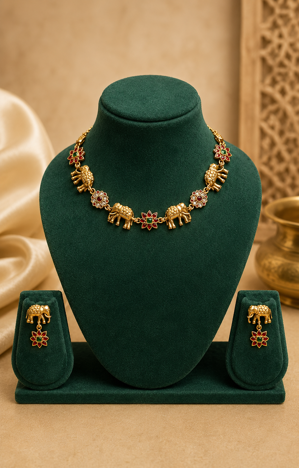 Gold-toned jewelry set featuring an elephant-themed necklace and matching drop earrings, displayed on a dark green velvet jewelry bust with matching standoffs against a warm beige background.