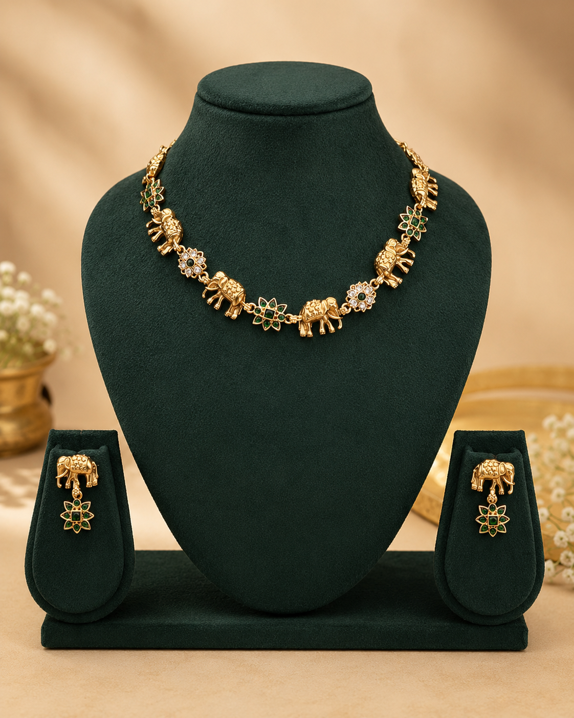 Antique Gold Gajlakshmi Elephant Ruby Floral Choker Necklace Set | ONK50