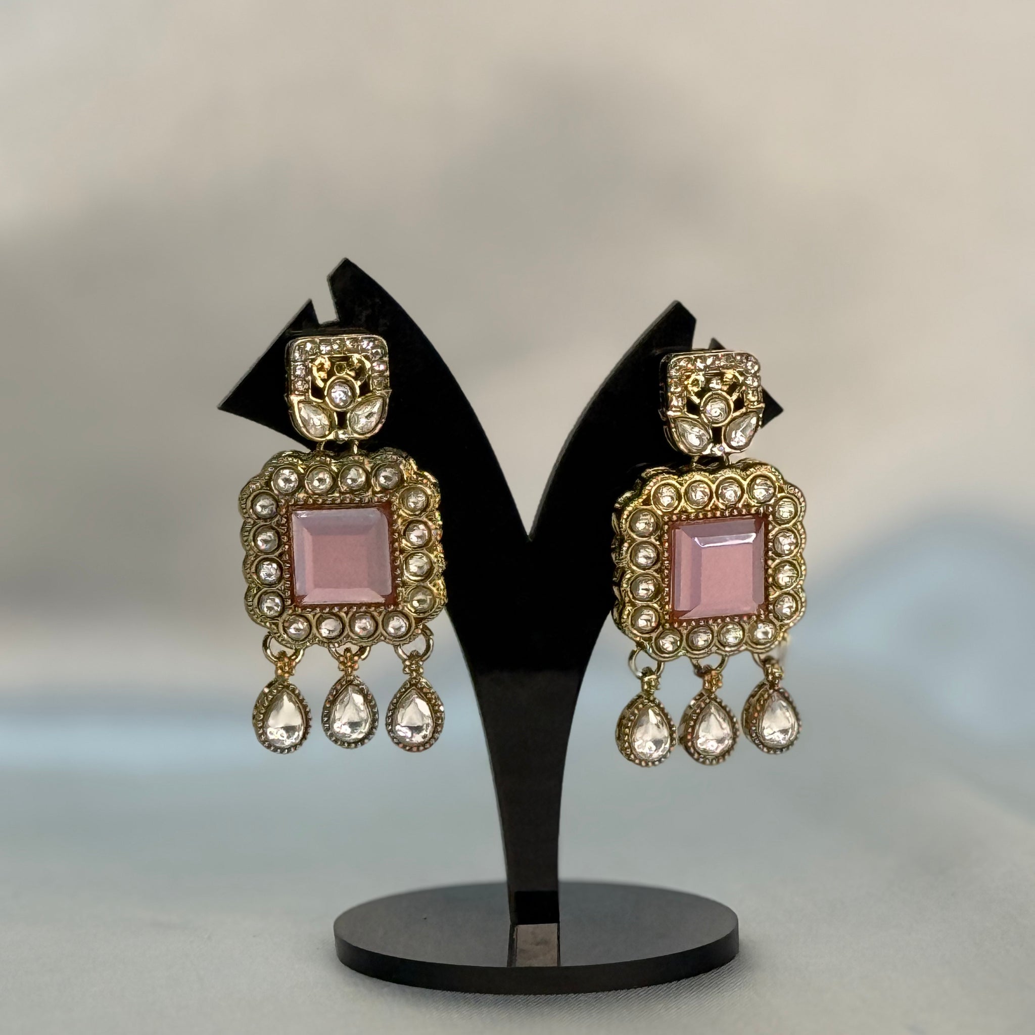Pink Polki Square Drop Earrings
