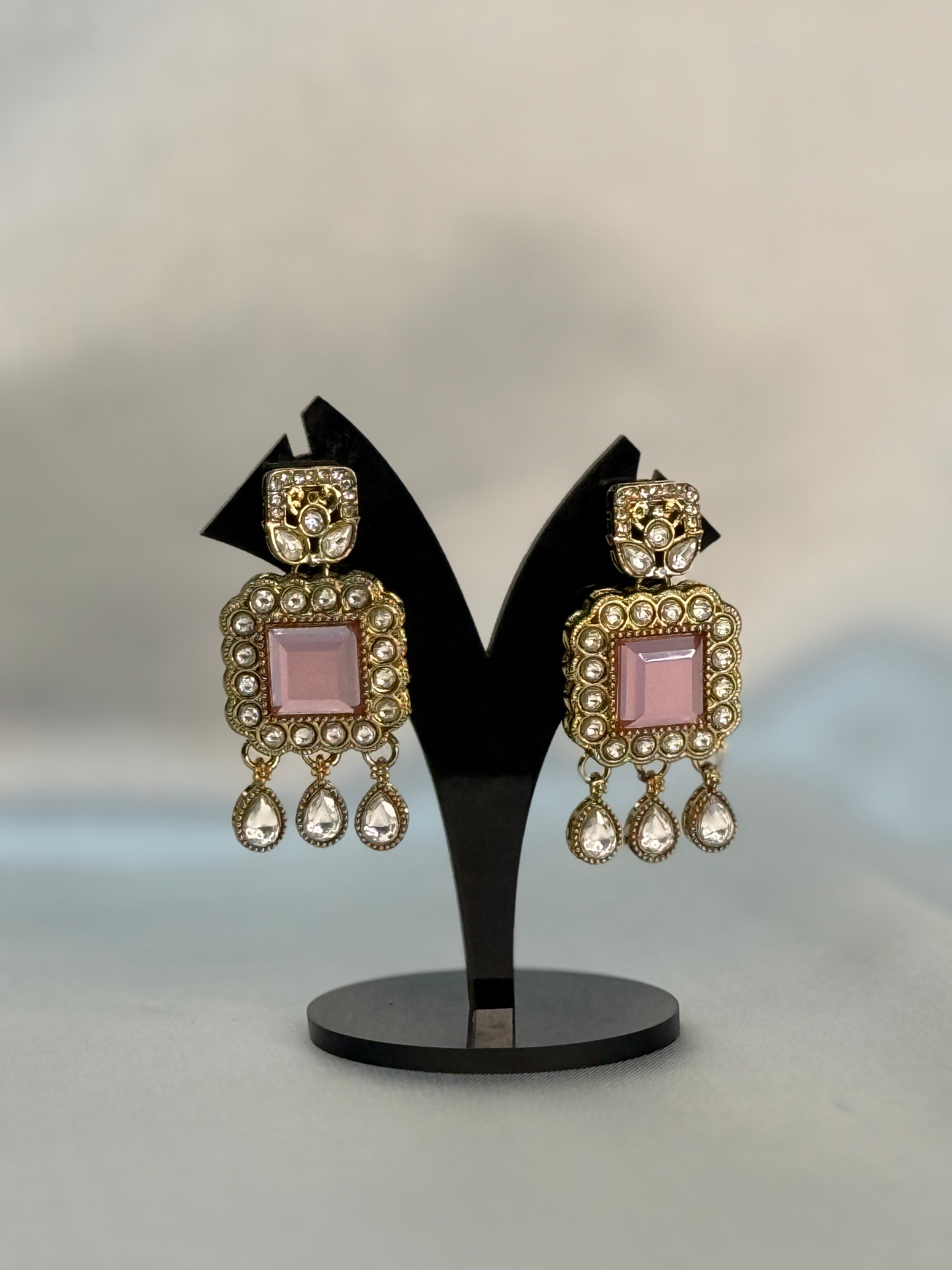 Pink Polki Square Drop Earrings
