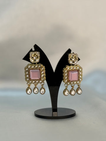 Pink Polki Square Drop Earrings