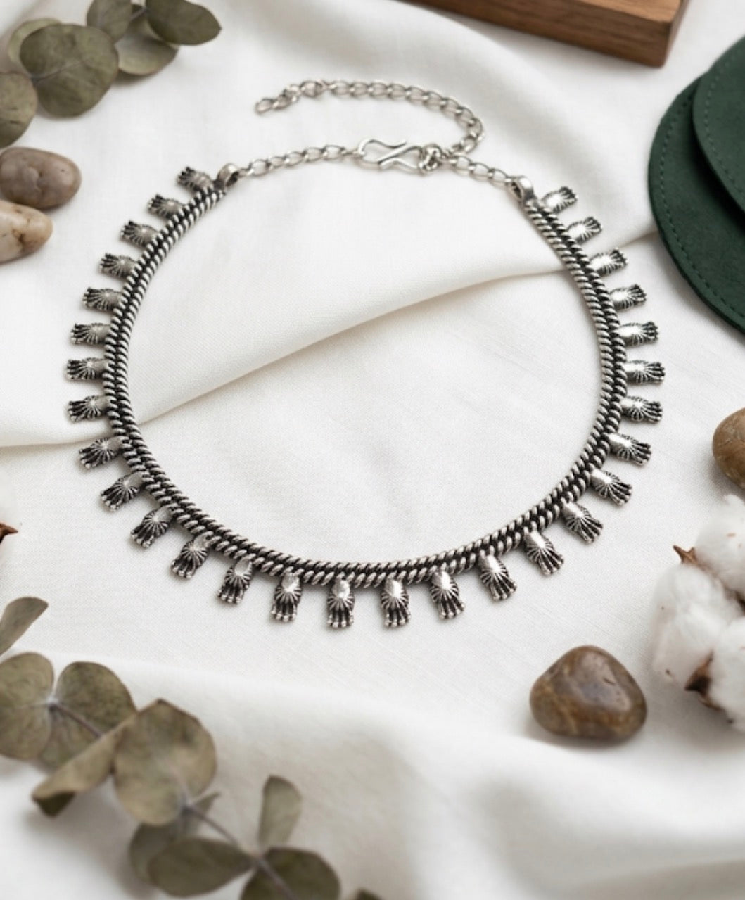 Oxidised Silver Floral Fringe Choker Necklace,LLB935