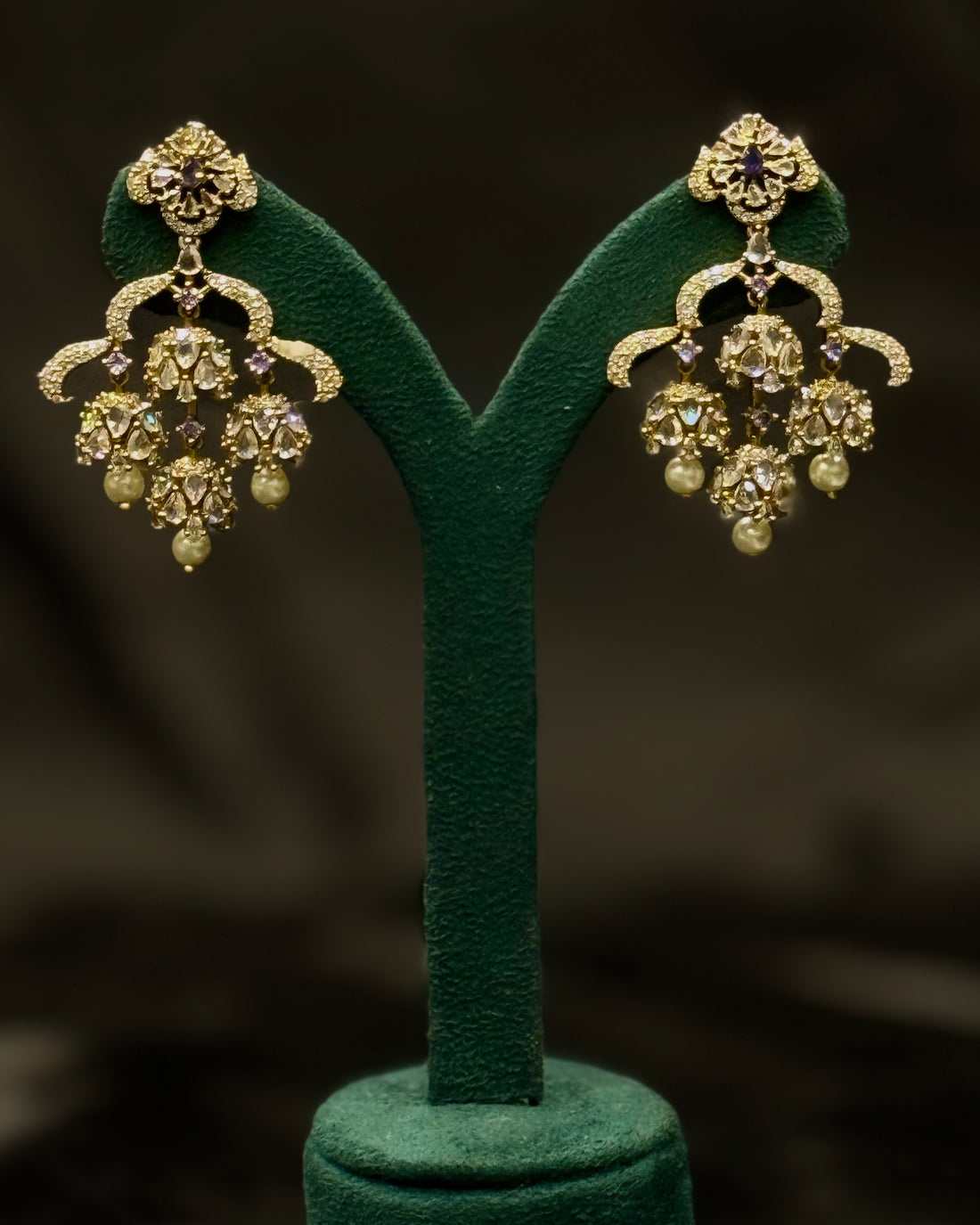 Gold Polki Diamond Chandelier Earrings with Pearl Drops | | ONK387