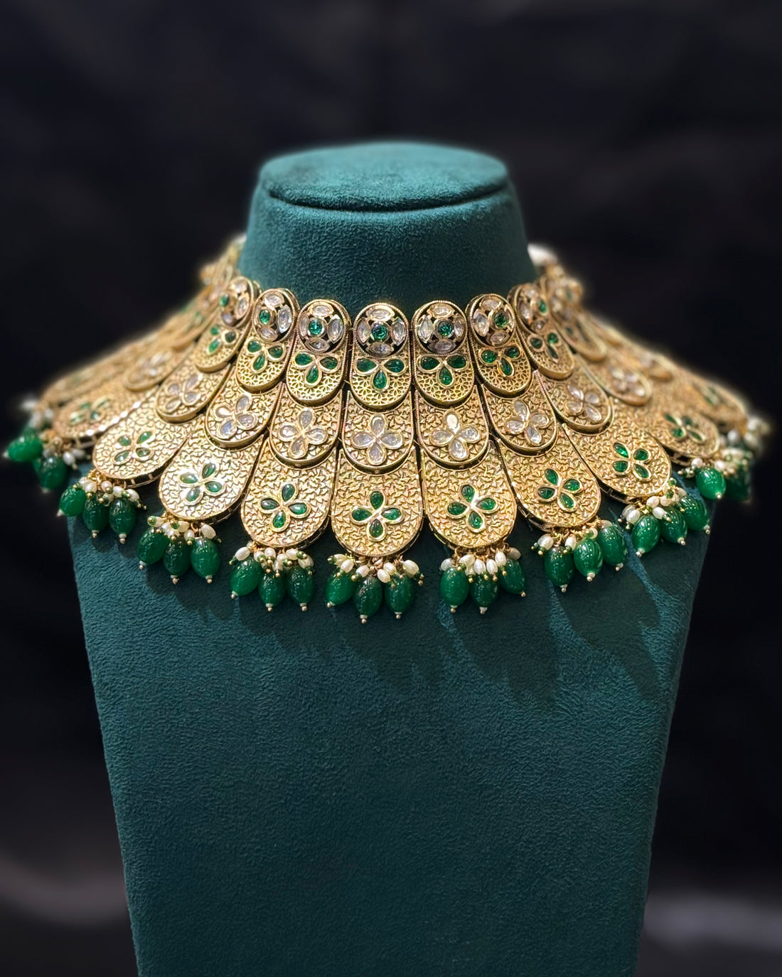 Gold Finish Bridal Necklace Set with Green Stones and Pearl Bead Drops | L8728
