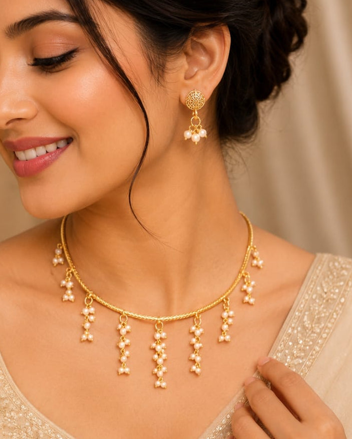 Gold Freshwater Pearl Fringe Choker Necklace Set | OL 17