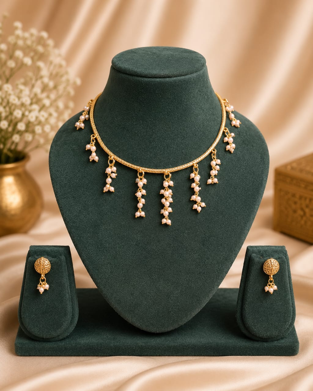 Gold Freshwater Pearl Fringe Choker Necklace Set | OL 17