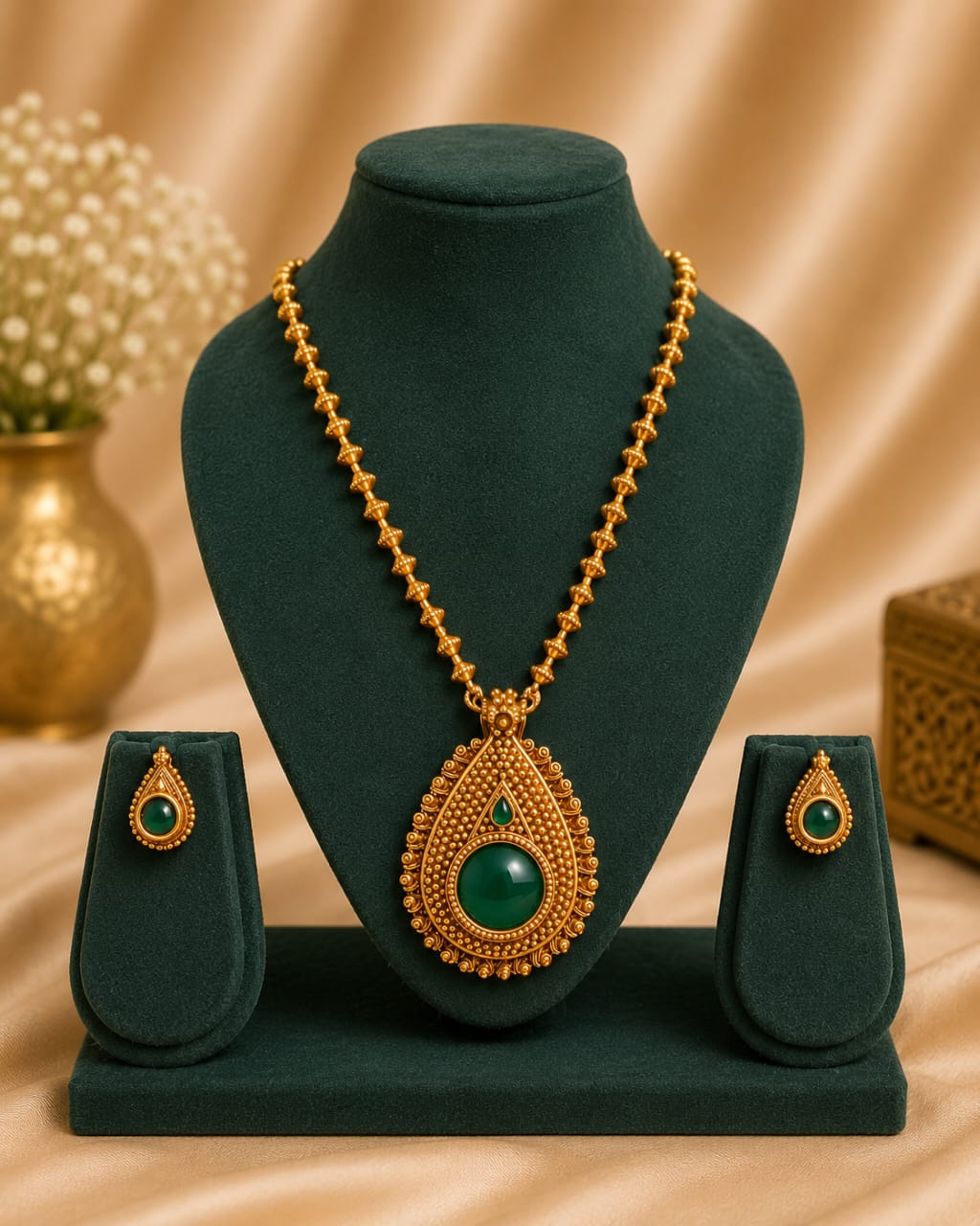 Gold Nakshi Teardrop Pendant Long Necklace Set with Emerald | OL 14
