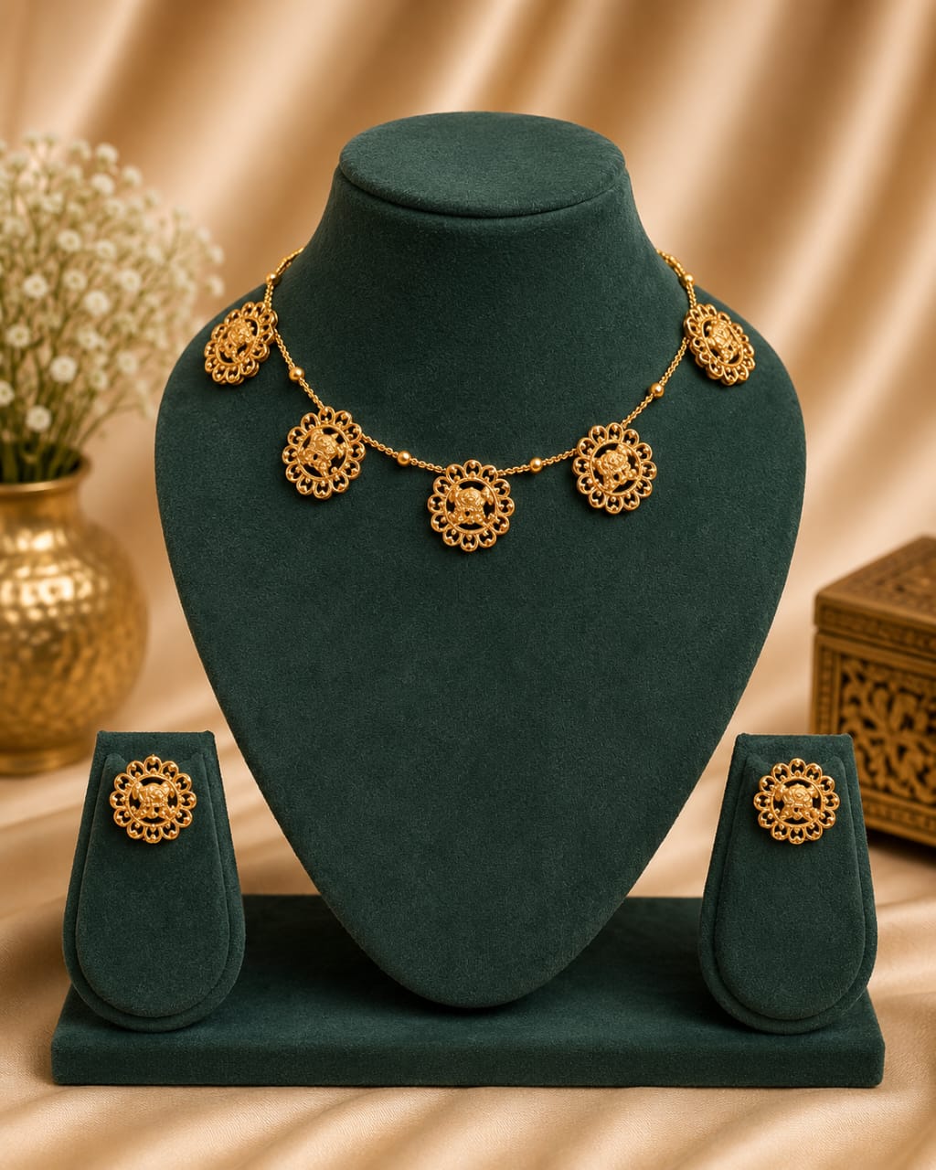 Gold Nakshi Filigree Sunflower Disc Choker Necklace Set | OL 14