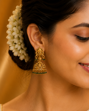 Antique Gold Ganesha Jhumka Earrings with Emerald Beads | OL198