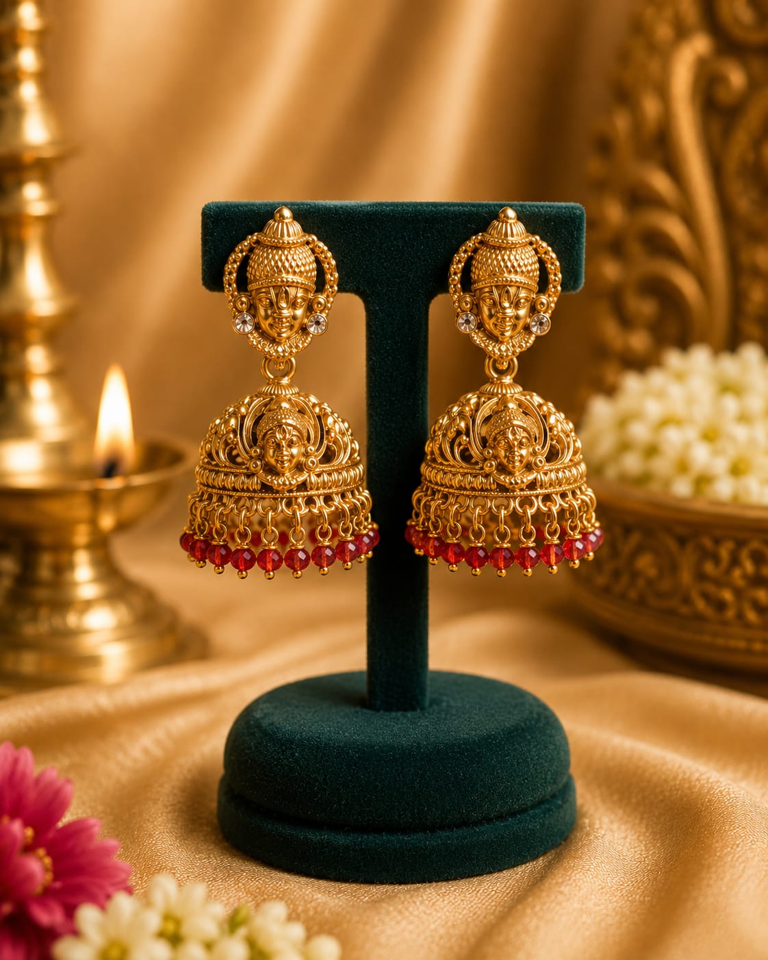 Antique Gold Lakshmi Temple Jhumka Earrings with Olive Green Beads | OL198