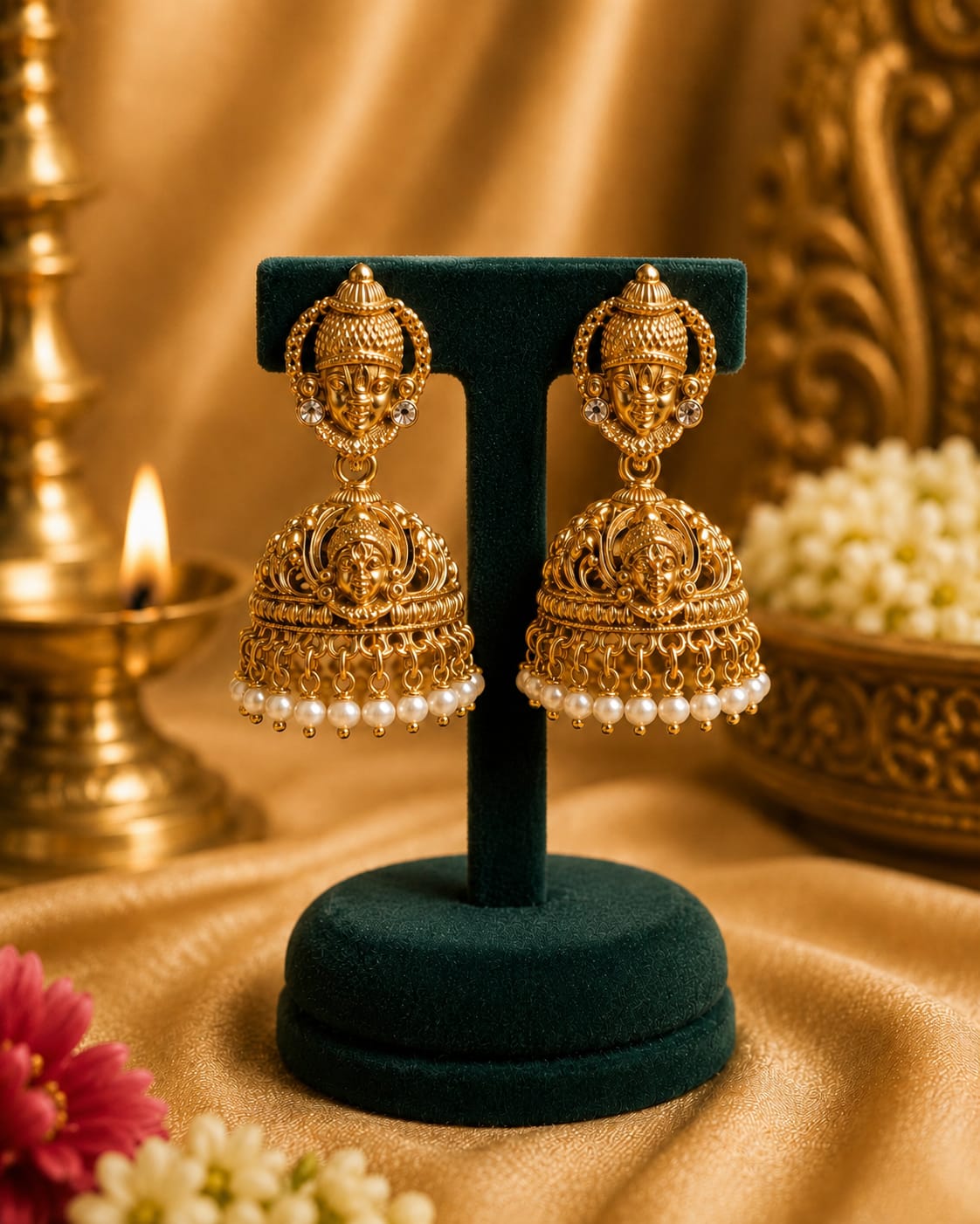 Antique Gold Lakshmi Temple Jhumka Earrings with Olive Green Beads | OL198