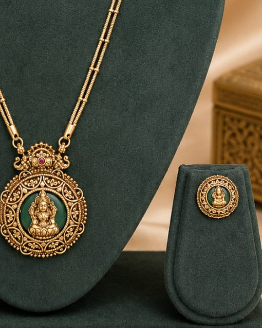 Gold Nakshi Round Lakshmi Temple Pendant Long Necklace Set | OL 12
