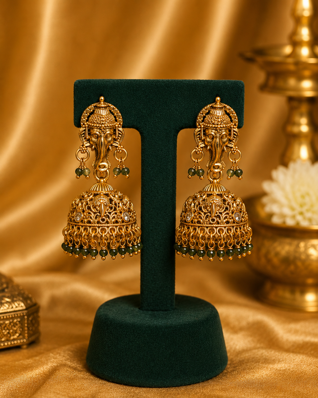 Antique Gold Ganesha Jhumka Earrings with Emerald Beads | OL198
