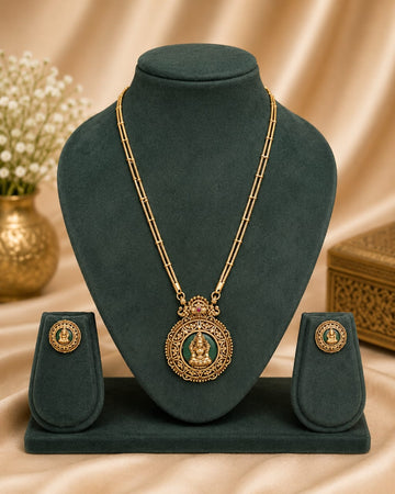 Gold Nakshi Round Lakshmi Temple Pendant Long Necklace Set | OL 12