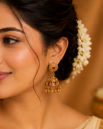 Antique Gold Filigree Jhumka Earrings with Ruby Stones | OL196