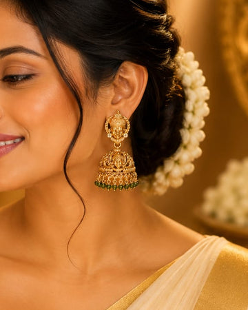 Antique Gold Lakshmi Temple Jhumka Earrings with Olive Green Beads | OL198