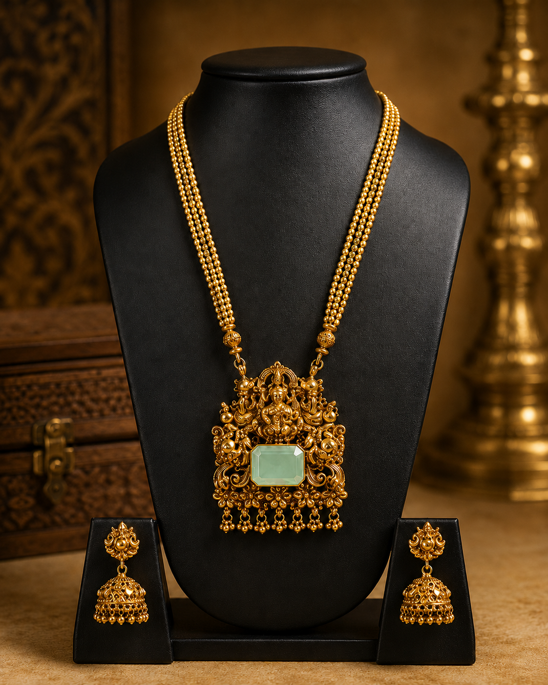 An ornate gold necklace with a large rectangular light green stone pendant, displayed on a black jewelry bust, with matching gold earrings on small black stands against a warm golden background.