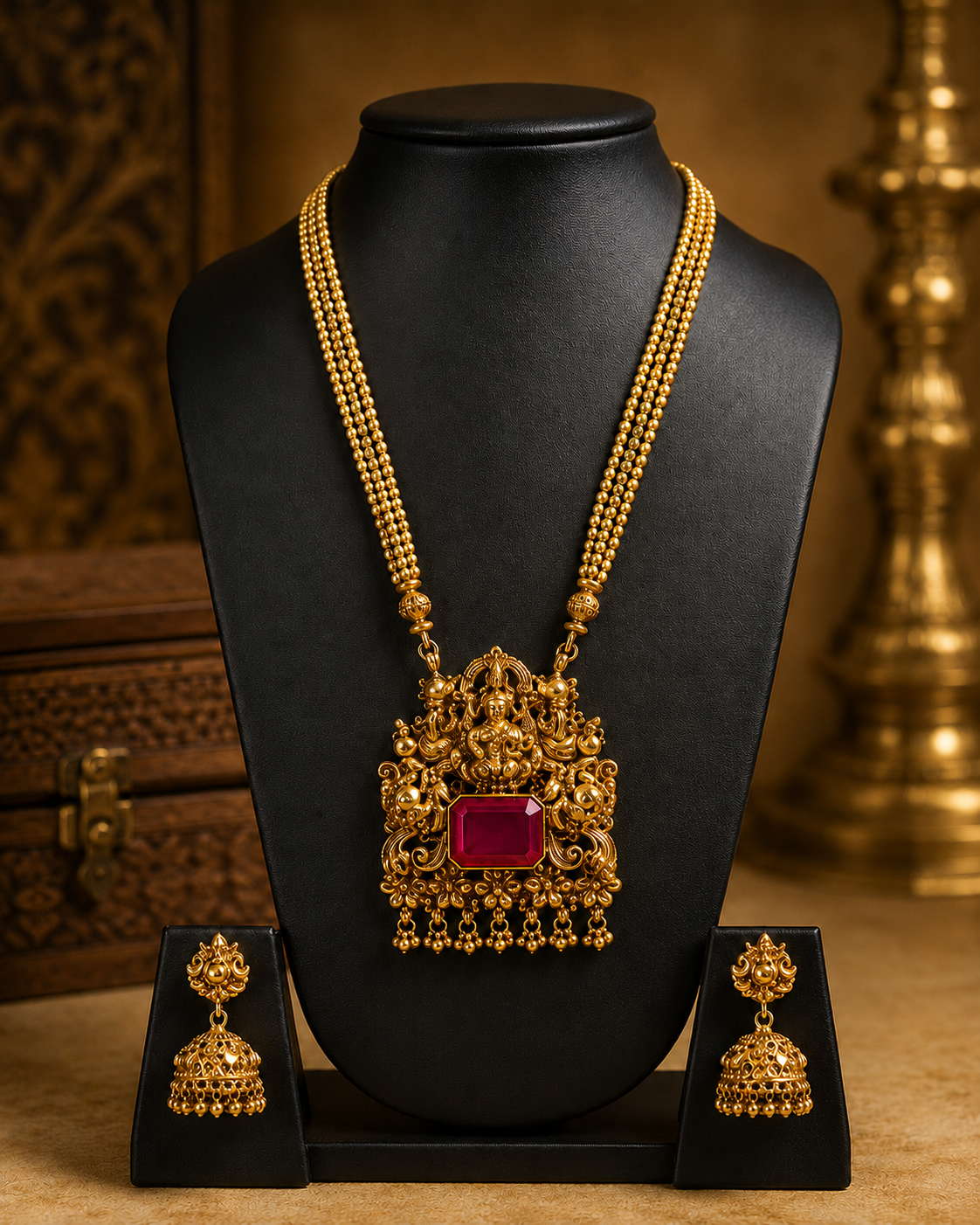 An ornate gold-toned traditional necklace with a large rectangular red gemstone pendant, displayed on a black jewelry bust, with matching earrings on small black stands against a warm golden background.
