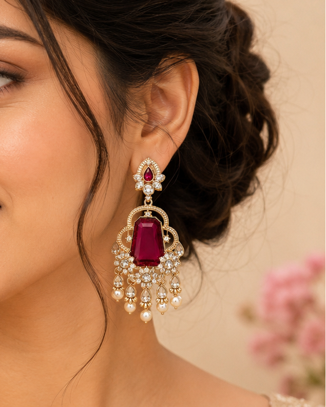 A close-up of a woman wearing ornate gold-toned traditional earrings with deep red stones and pearl-like drops, against a softly blurred beige background.