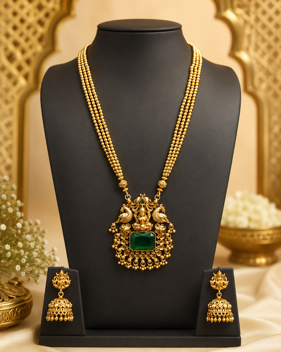 Antique Gold Lakshmi Peacock Temple Emerald Long Necklace Set | ONK48