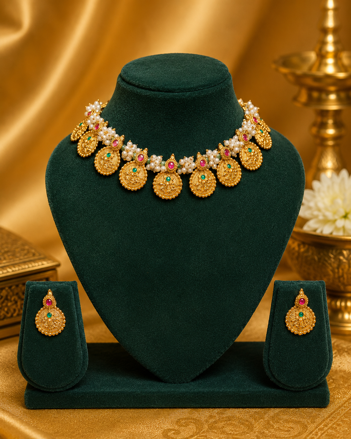 Antique Gold Lakshmi Coin Necklace Set with Pearl Clusters | OL162