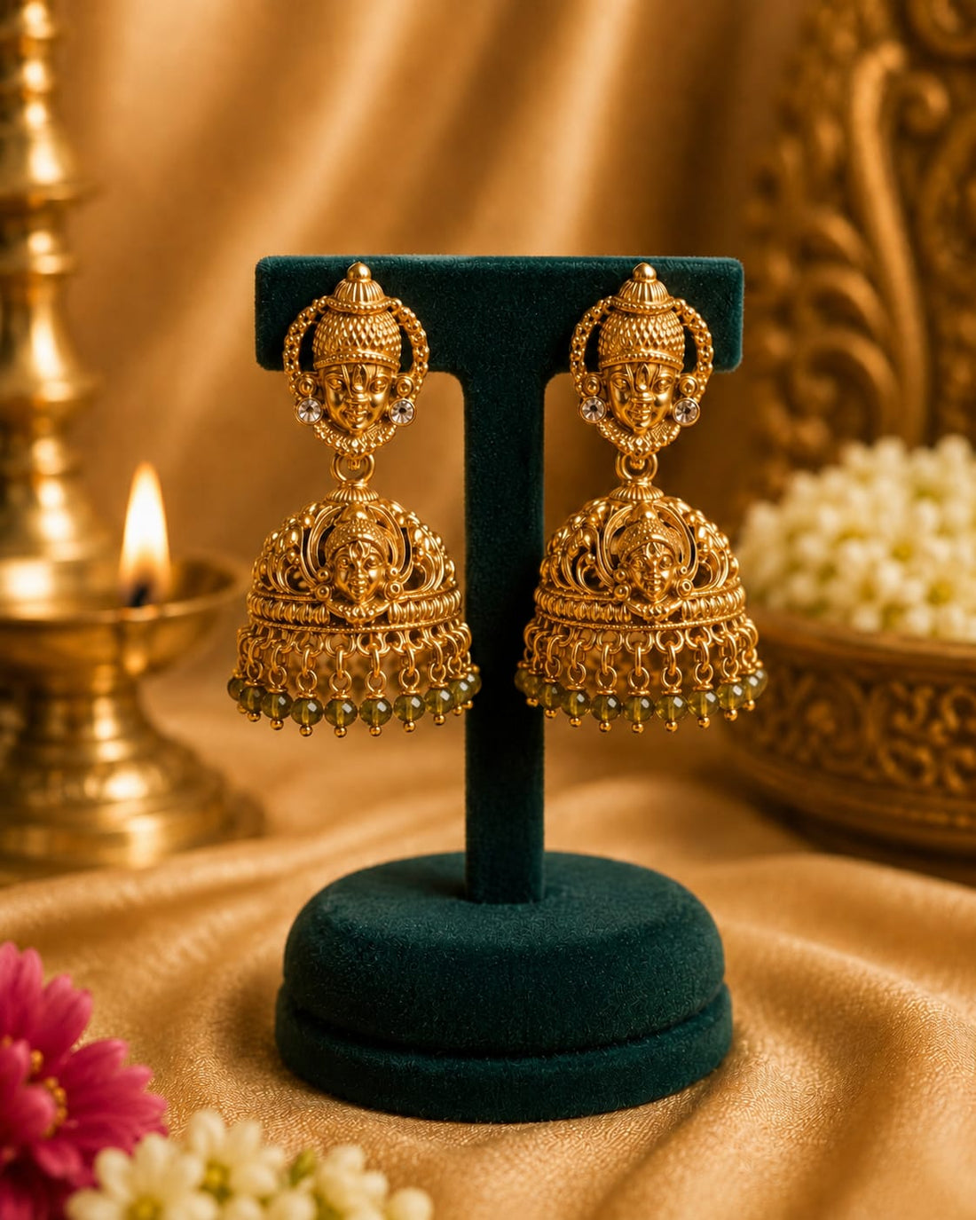Antique Gold Lakshmi Temple Jhumka Earrings with Olive Green Beads | OL198