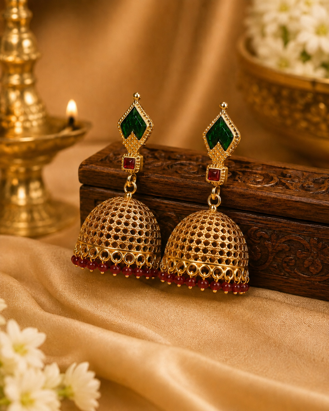 Antique Gold Mesh Jhumka Earrings with Emerald & Ruby | OL220
