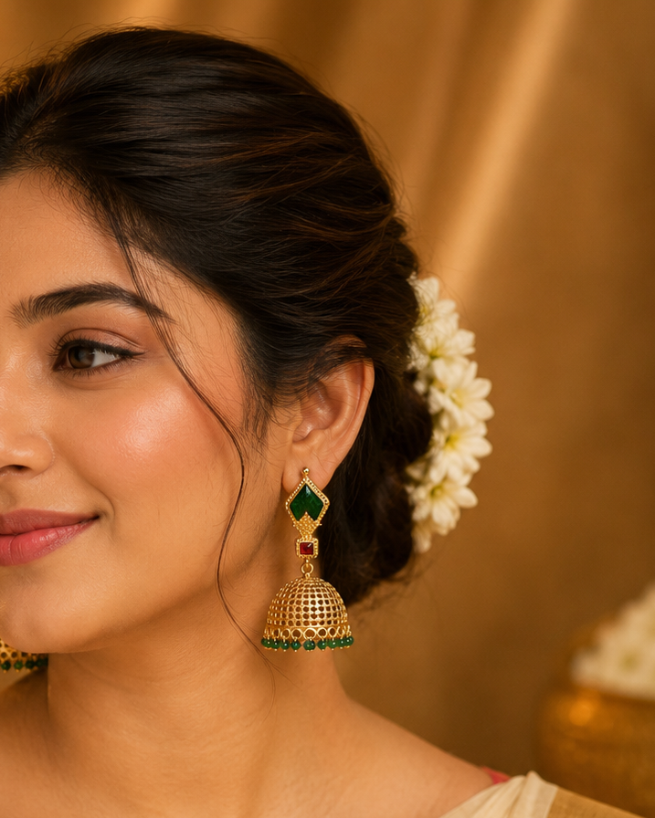 Antique Gold Mesh Jhumka Earrings with Emerald & Ruby | OL220