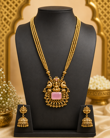 Antique Gold Lakshmi Peacock Temple Emerald Long Necklace Set | ONK48