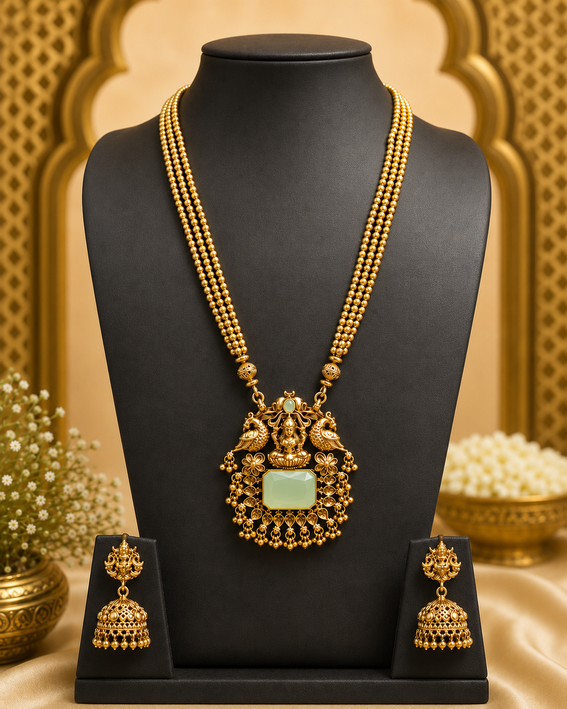 Antique Gold Lakshmi Peacock Temple Emerald Long Necklace Set | ONK48
