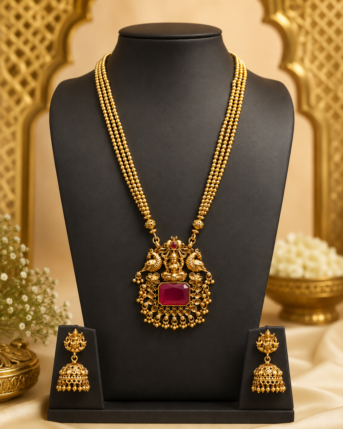 Antique Gold Lakshmi Peacock Temple Emerald Long Necklace Set | ONK48