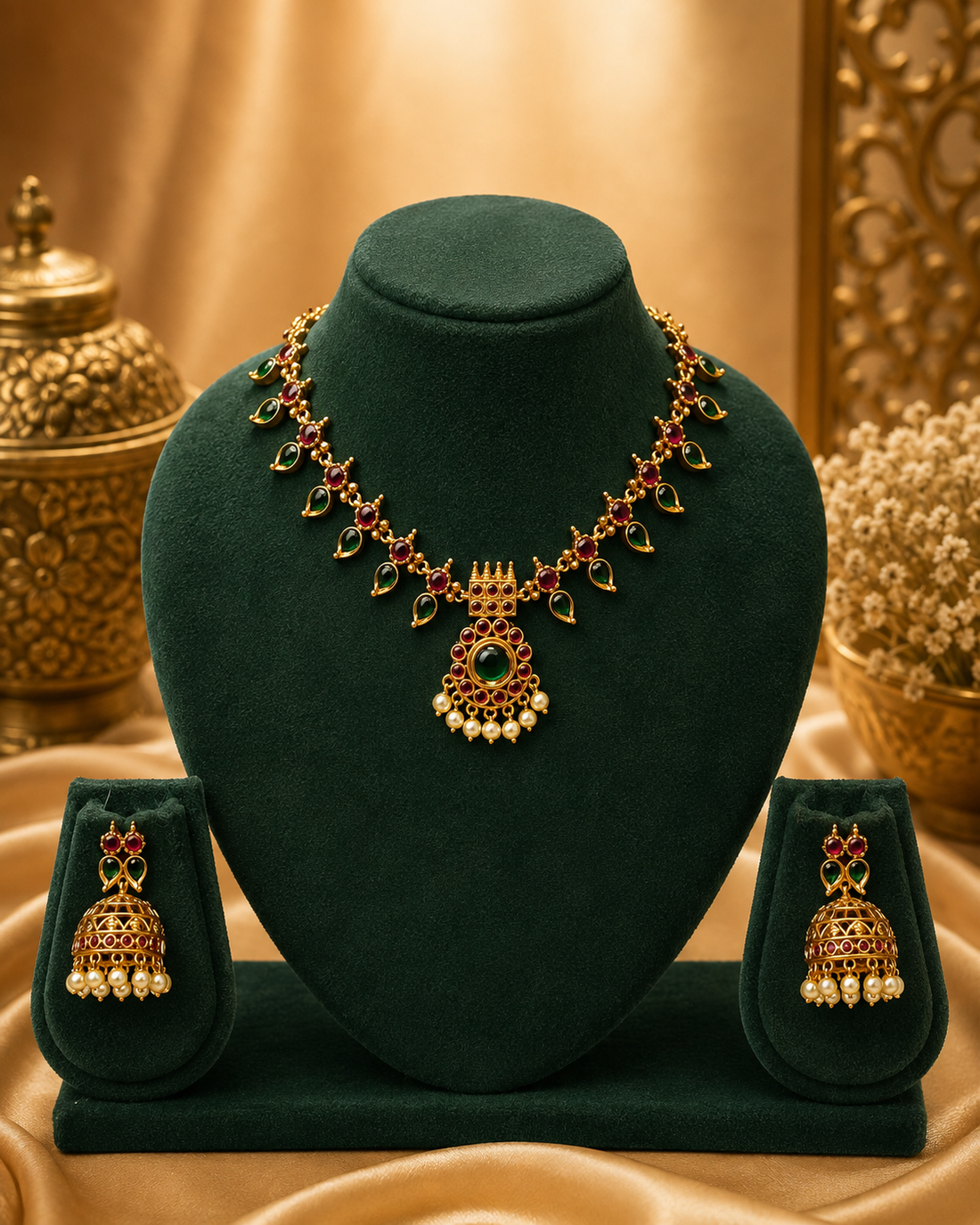A woman wearing a traditional Indian outfit with a gold and cream saree, styled with a gold and green necklace and matching earrings, set against a warm, golden background.