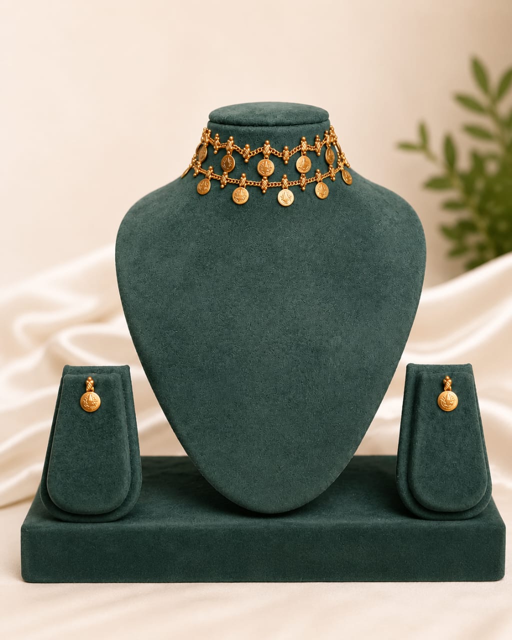 Gold Lakshmi Kasu Coin Fringe Choker Necklace Set | OL 33
