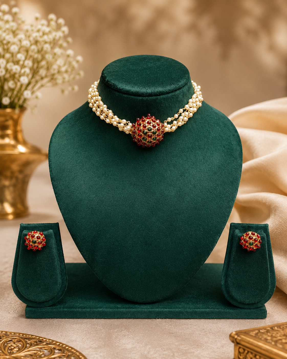 A jewelry set displayed on a dark green velvet mannequin bust, including a double-strand pearl necklace with a red and green beaded central bead, matching pearl drop earrings, and a small matching box. The background is a warm beige with soft draped fabric and a gold vase of baby's breath.