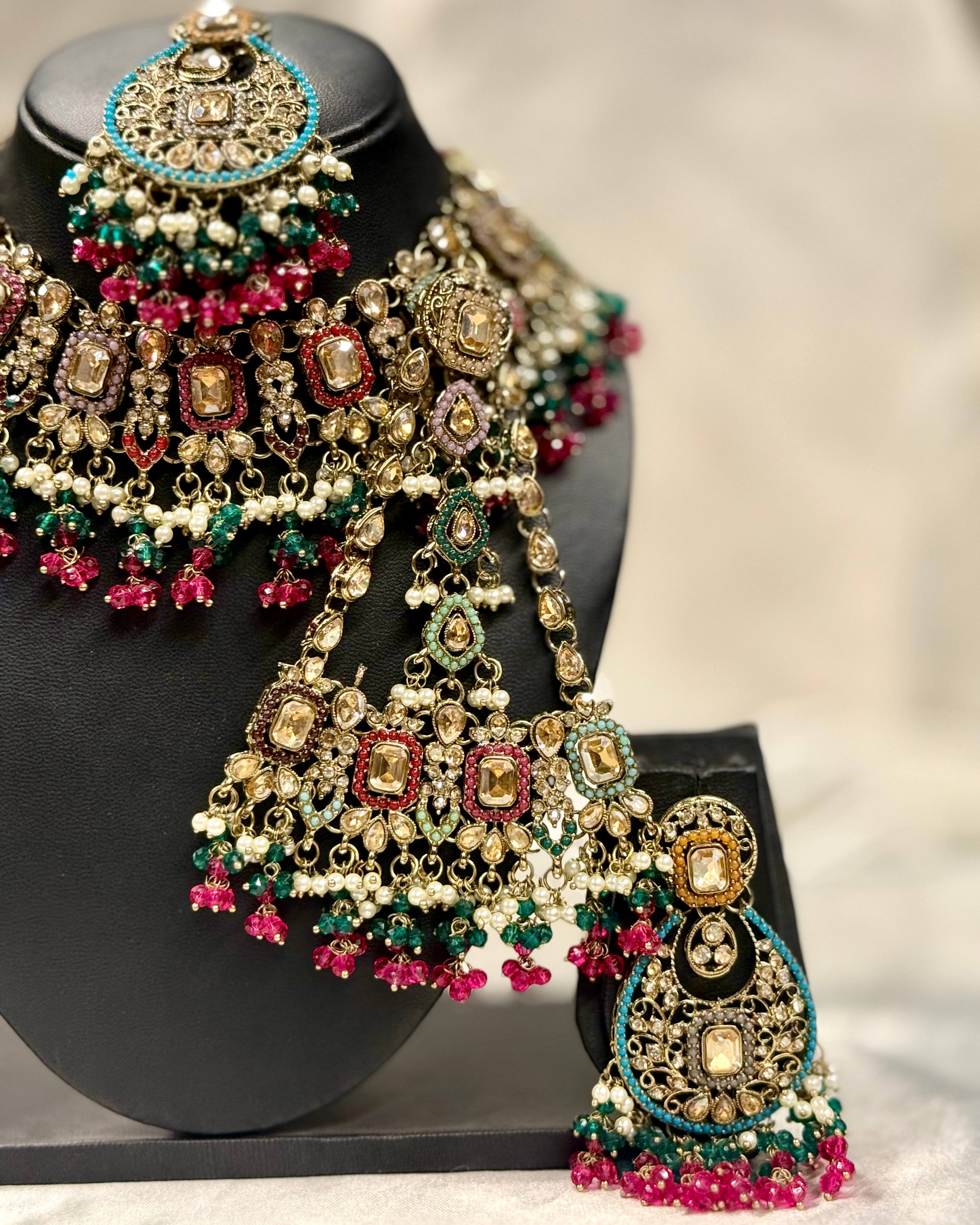Bridal Necklace Set with Multicolour Beads, Kundan-Style Stones and Maang Tikka | L10233