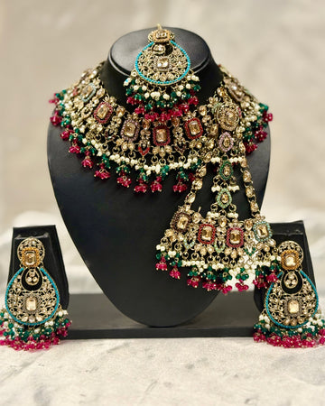 Bridal Necklace Set with Multicolour Beads, Kundan-Style Stones and Maang Tikka | L10233