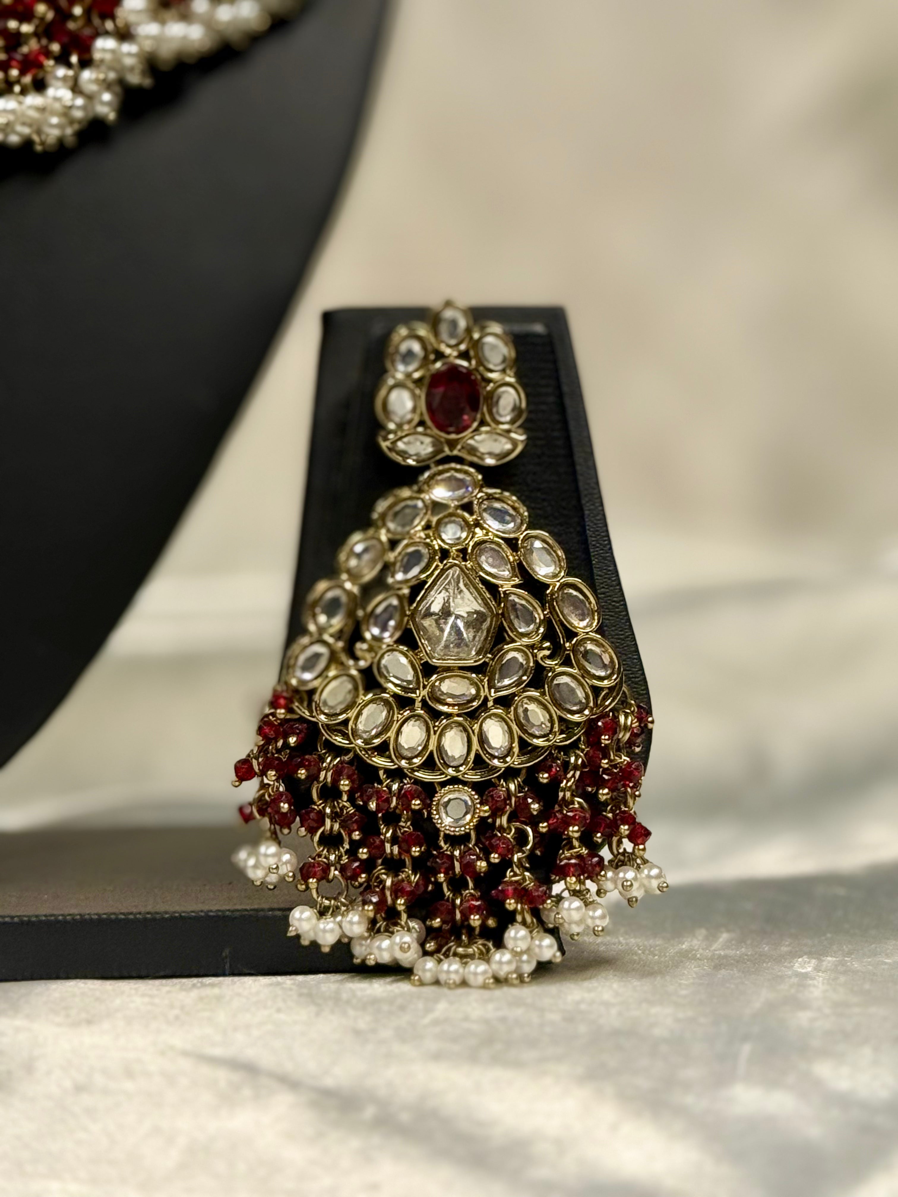 Bridal Necklace Set with Maroon Beads, Kundan Stones and Jhumka Earrings | L10234