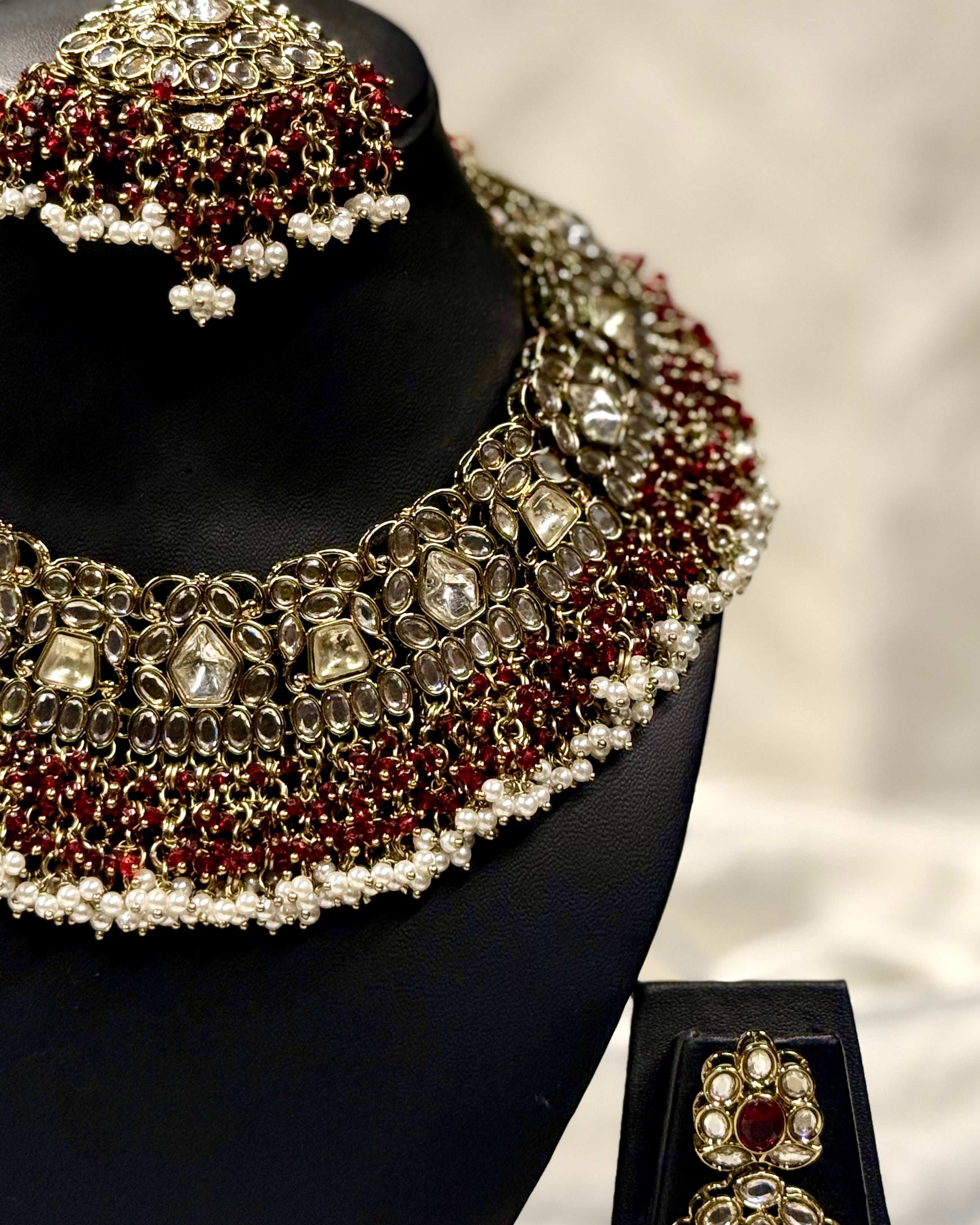 Bridal Necklace Set with Maroon Beads, Kundan Stones and Jhumka Earrings | L10234
