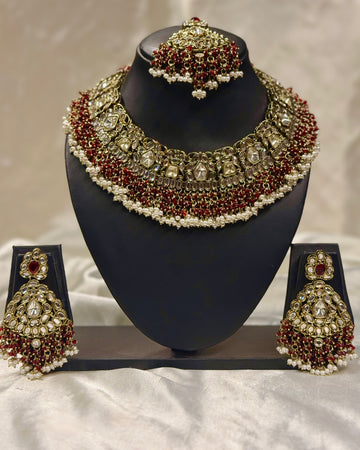 Bridal Necklace Set with Maroon Beads, Kundan Stones and Jhumka Earrings | L10234