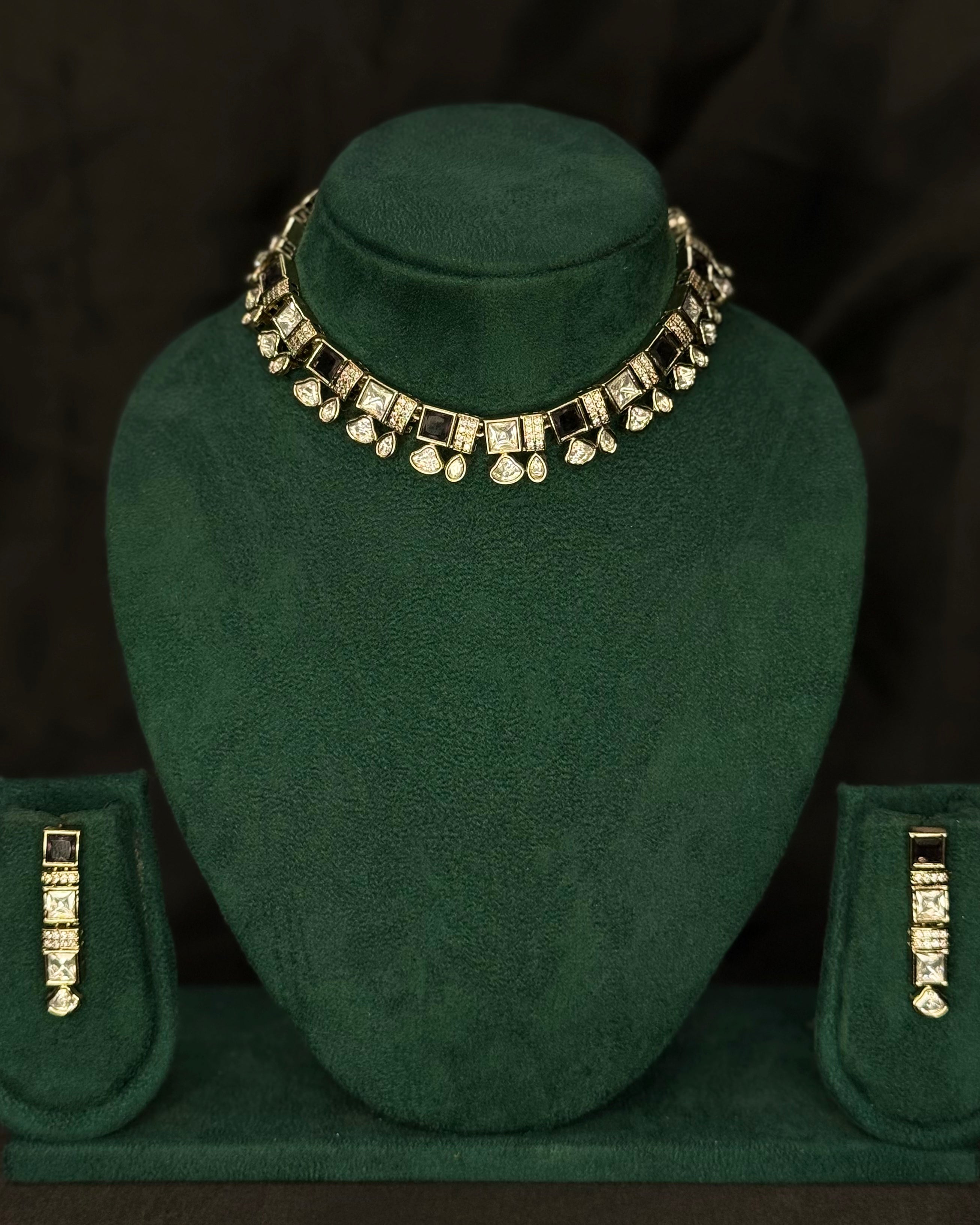Square Stone Necklace Set with Matching Earrings |  L10245