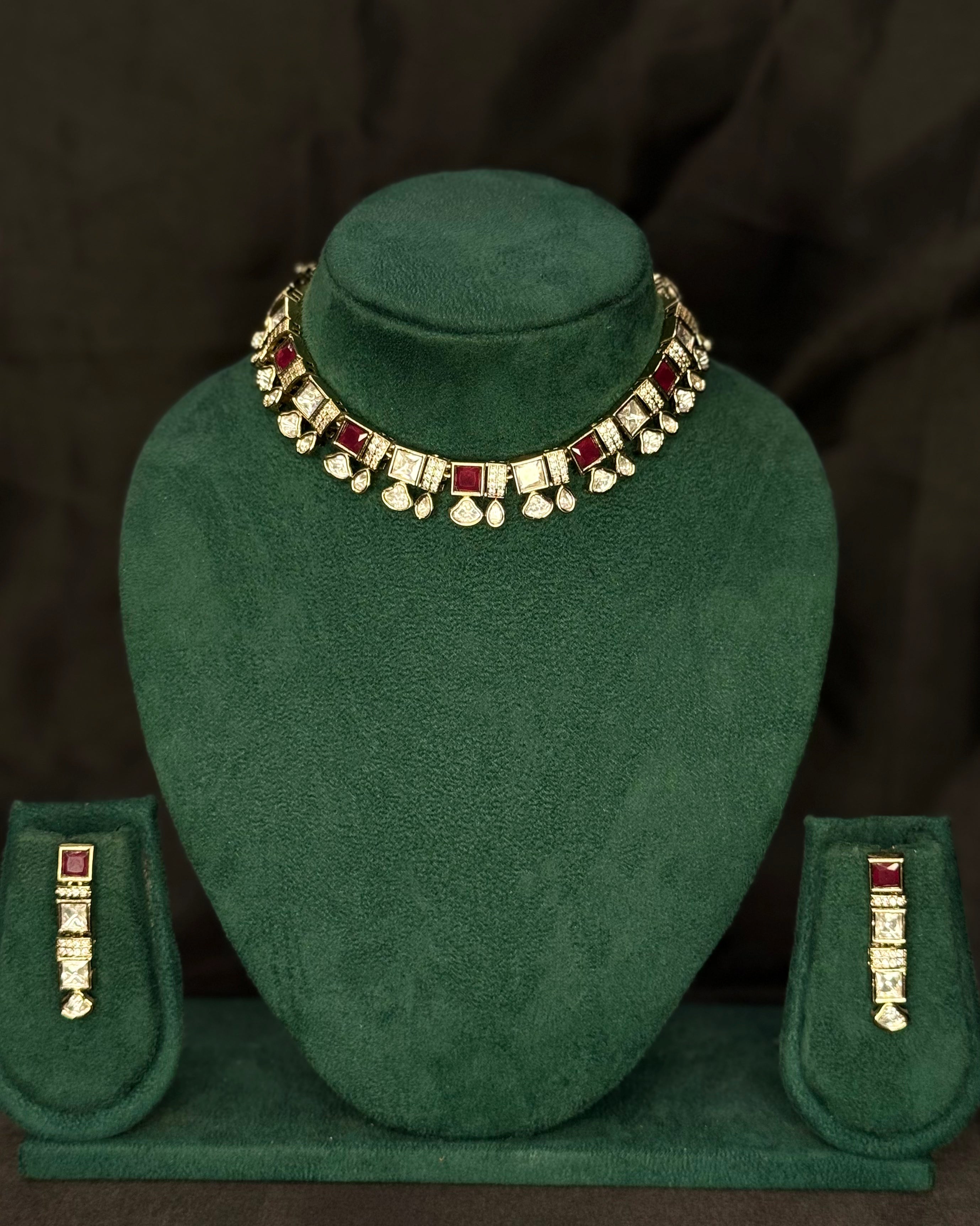Square Stone Necklace Set with Matching Earrings |  L10245
