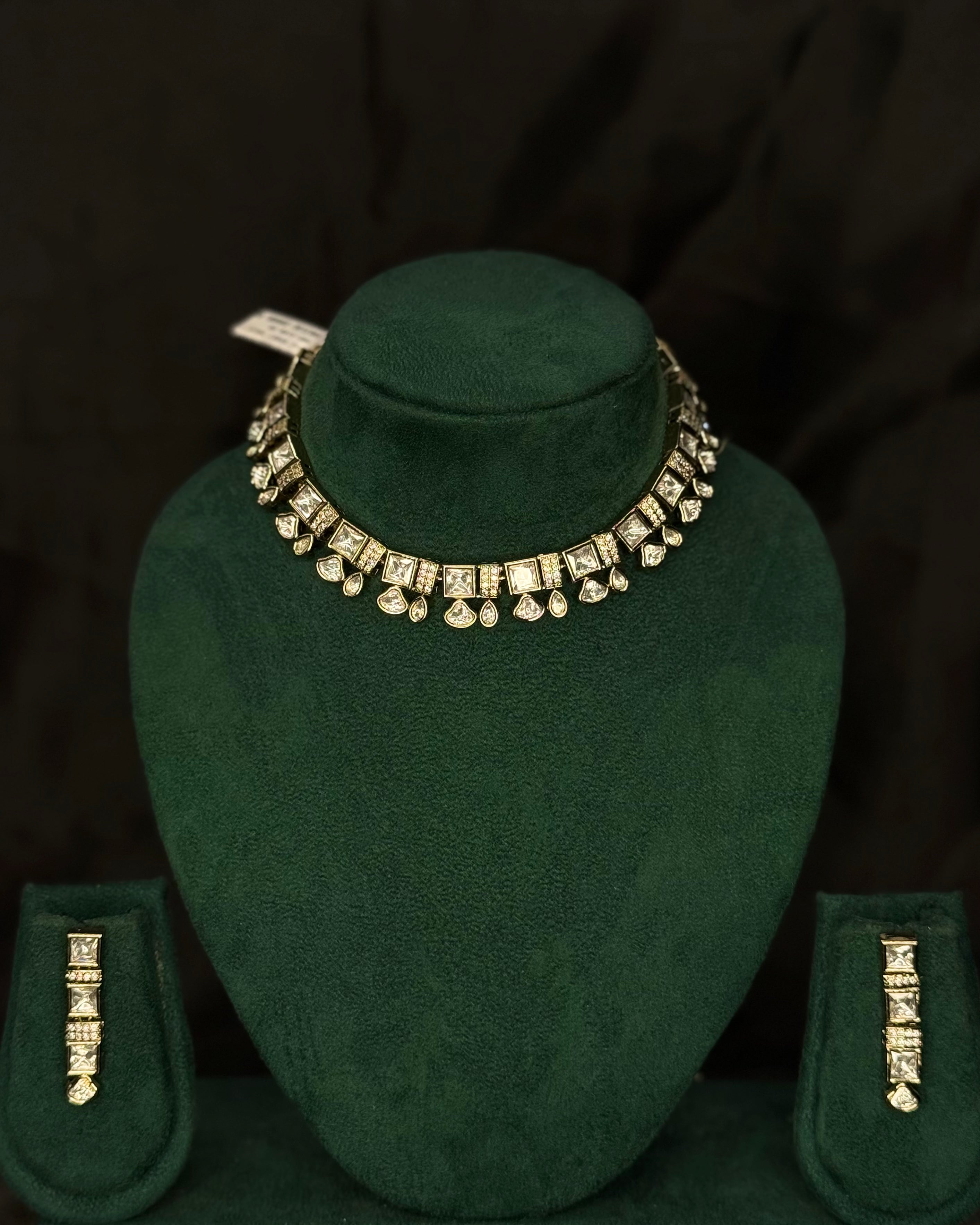 Square Stone Necklace Set with Matching Earrings |  L10245