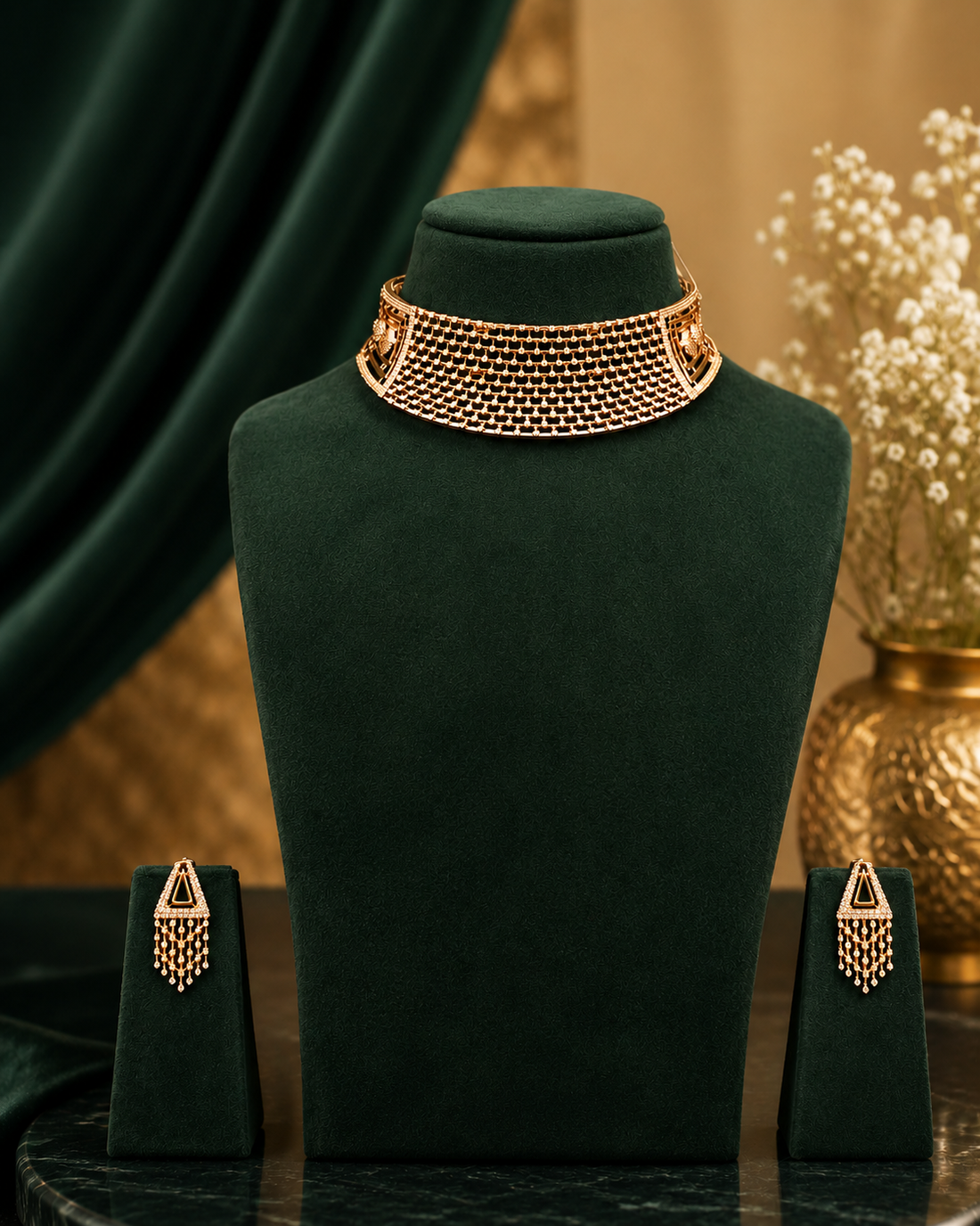 A woman wearing a dark green sari and gold-toned jewelry, including a beaded choker necklace and matching earrings, posed against a warm, dark green and gold background.