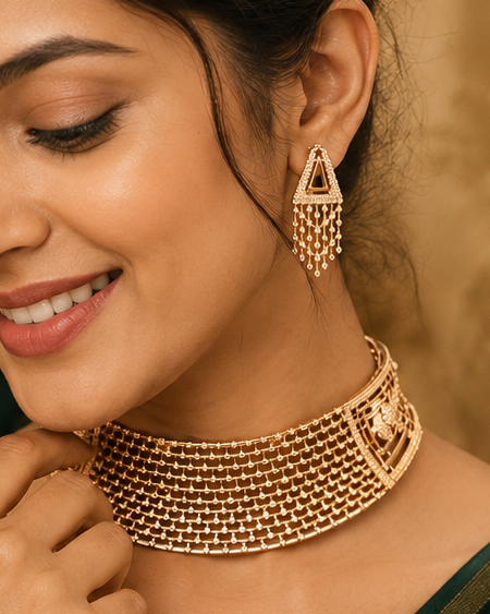 A woman wearing a dark green sari and gold-toned jewelry, including a beaded choker necklace and matching earrings, posed against a warm, dark green and gold background.